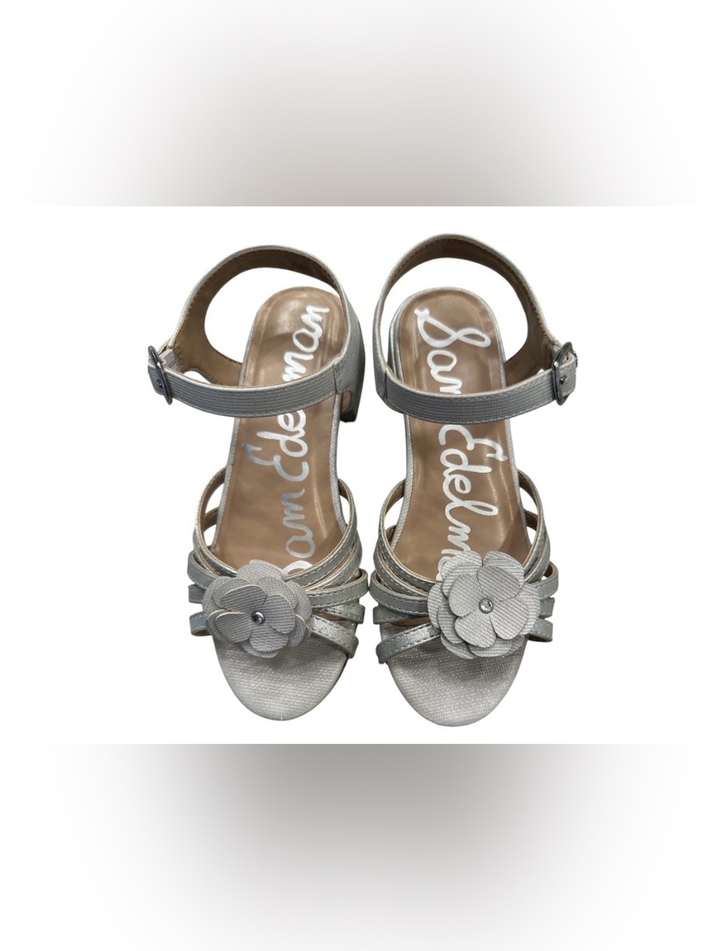 Sam Edelman Kids Calla Flower Silver Metallic Dress Sandals Low Block Heel Sz 1